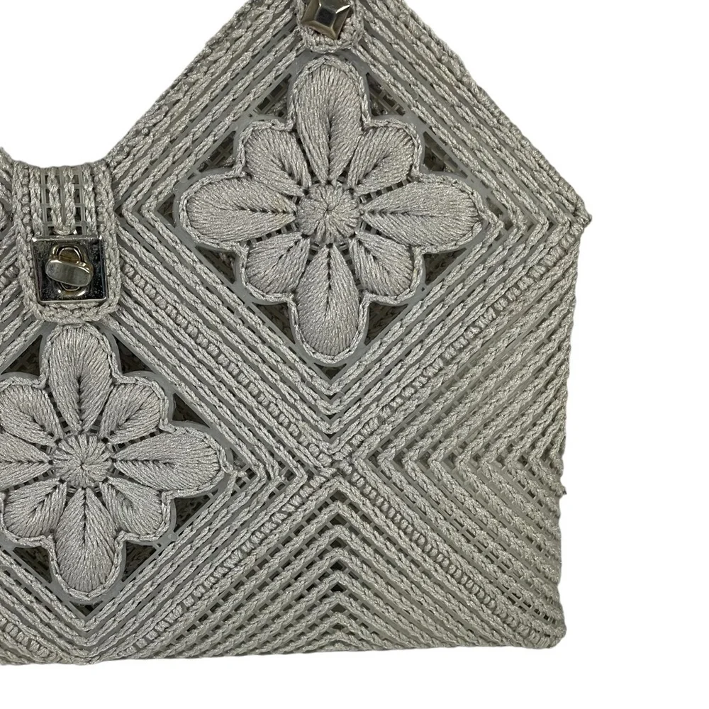 Vintage Handmade Gray Cross Stitch Plastic Canvas Woven Flower Accent Handbag